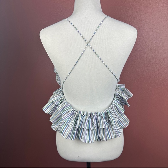 Magali Pascal Anthropologie US 12 or XL ruffle tiered halter top blue stripe - Picture 5 of 8